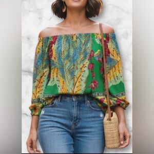 Cynthia Rowley Tropical Print On or Off Shoulder Blouse Top Size S Festive